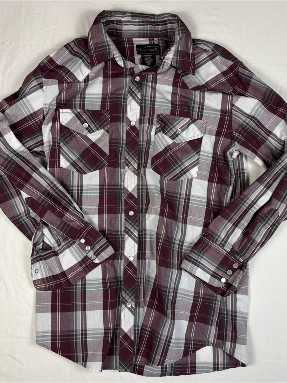 High Noon Western Pearl Snap Plaid Shirt Mens Medium Burgundy Gray Lightweight